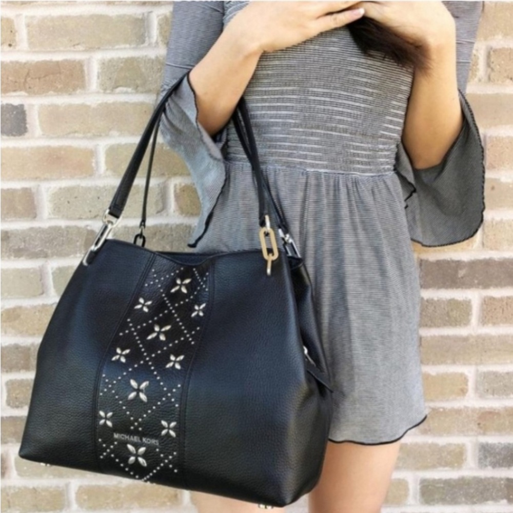 Michael Kors Leighton Large Black Pebbled Leather Shoulder Tote Silver Accent